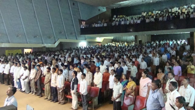 Hindus stand while singing 'Vande Mataram' in the end of the Sabha